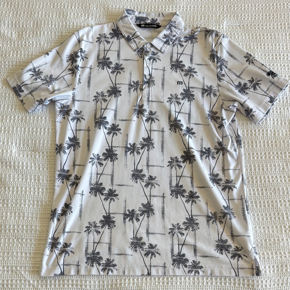 Travis Mathew White Polo Shirt with Palm Tree Print